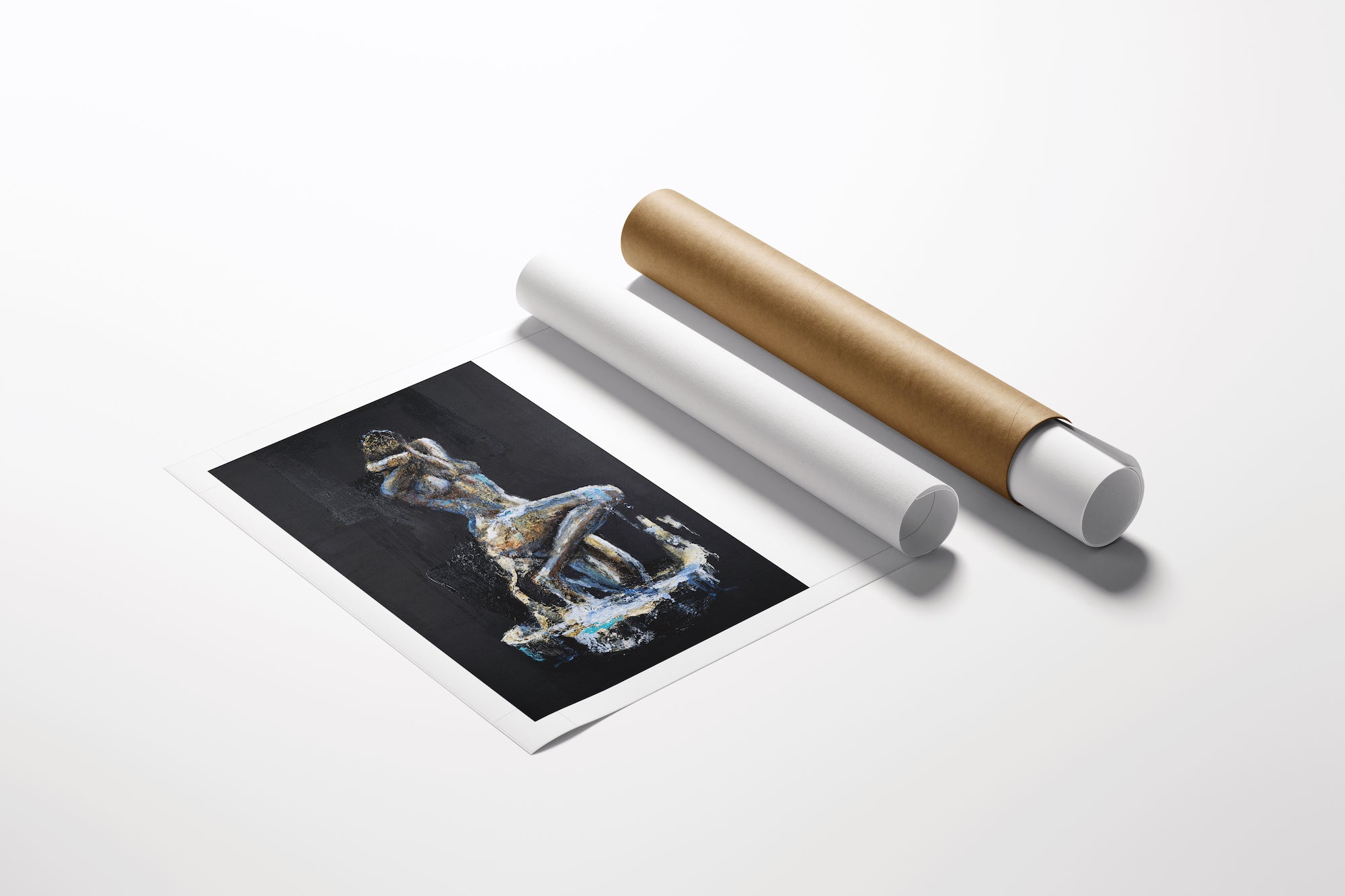 Limited edition fine art print of a figurative sculpture in rich metallic tones on black paper beside two rolled canvas. - Unravel (sculpture series)/AP/#581 - Artist Proofs, Figurative AP, Rolled Canvas