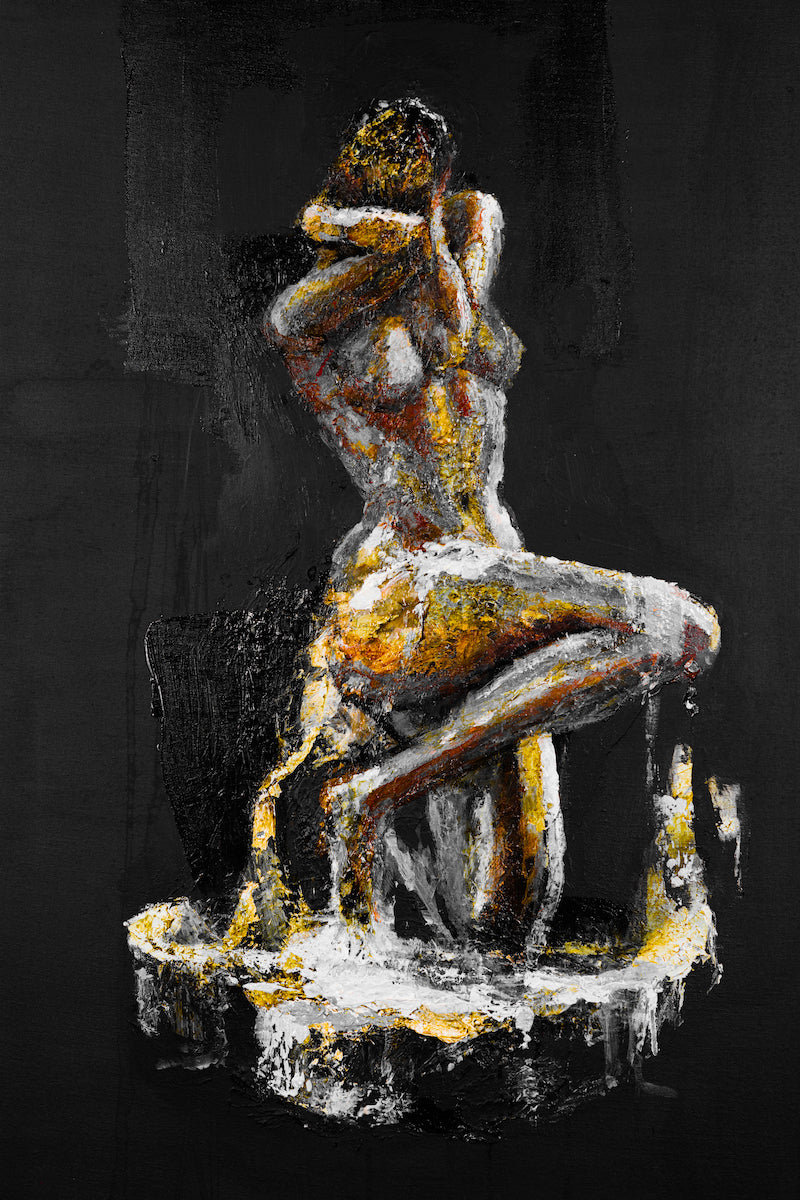 Richly textured figurative canvas fine art print depicting a seated nude figure in warm oranges and earthy tones on a deep. - Unravel/#581/A - Color, Figurative, Oranges, Prints, Subject Matter