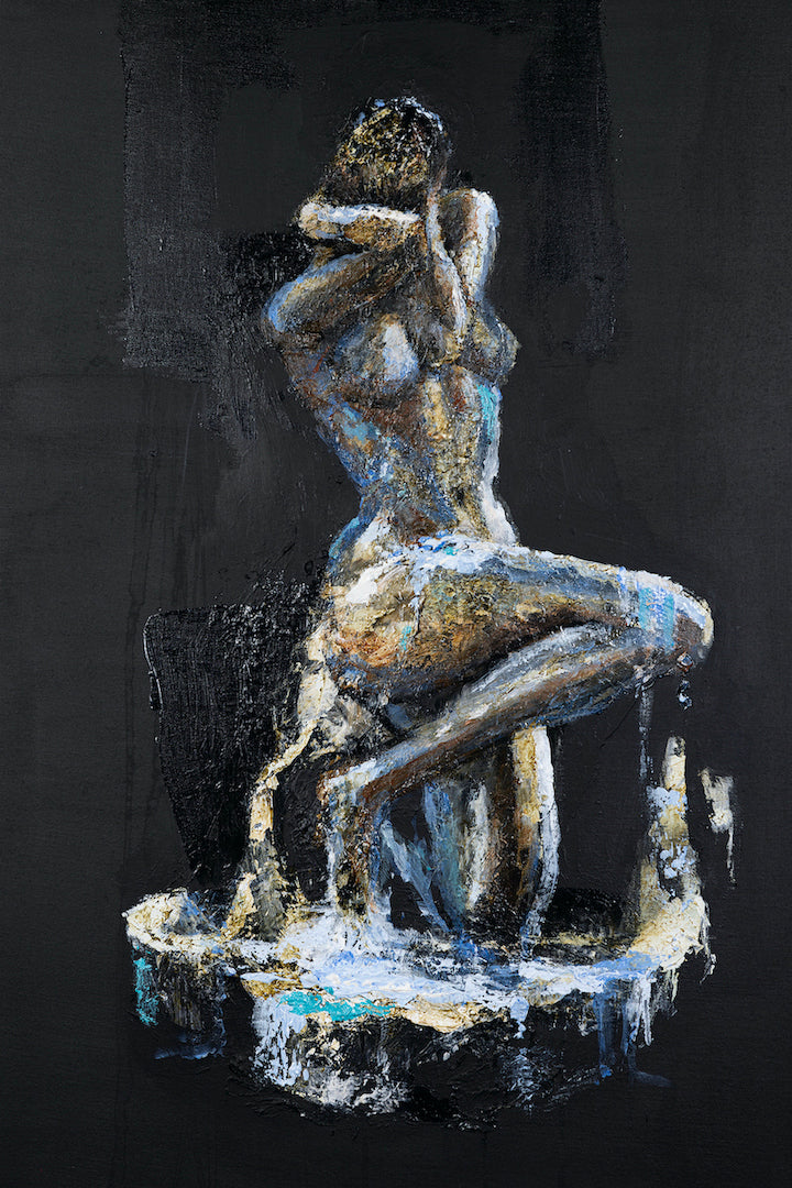 Richly textured figurative sculpture of a seated woman with intricate craftsmanship on a dark gallery-level base. - Unravel (sculpture series)/AP/#581 - Artist Proofs, Figurative AP, Rolled Canvas