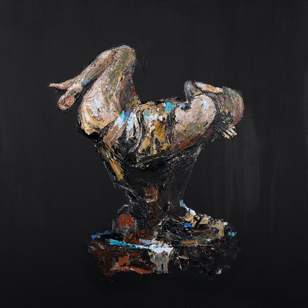 Richly textured figurative sculpture in dark tones with dynamic, abstract form on black background, showcasing fine art. - Hibernation (sculpture series)/AP/#582 - Artist Proofs, Figurative AP, Rolled Canvas
