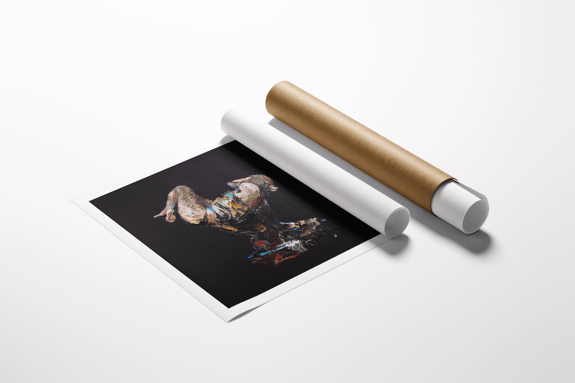 Gallery-level fine art figurative sculpture print on rolled canvas, rich dark background, detailed craftsmanship. - Hibernation (sculpture series)/AP/#582 - Artist Proofs, Figurative AP, Rolled Canvas