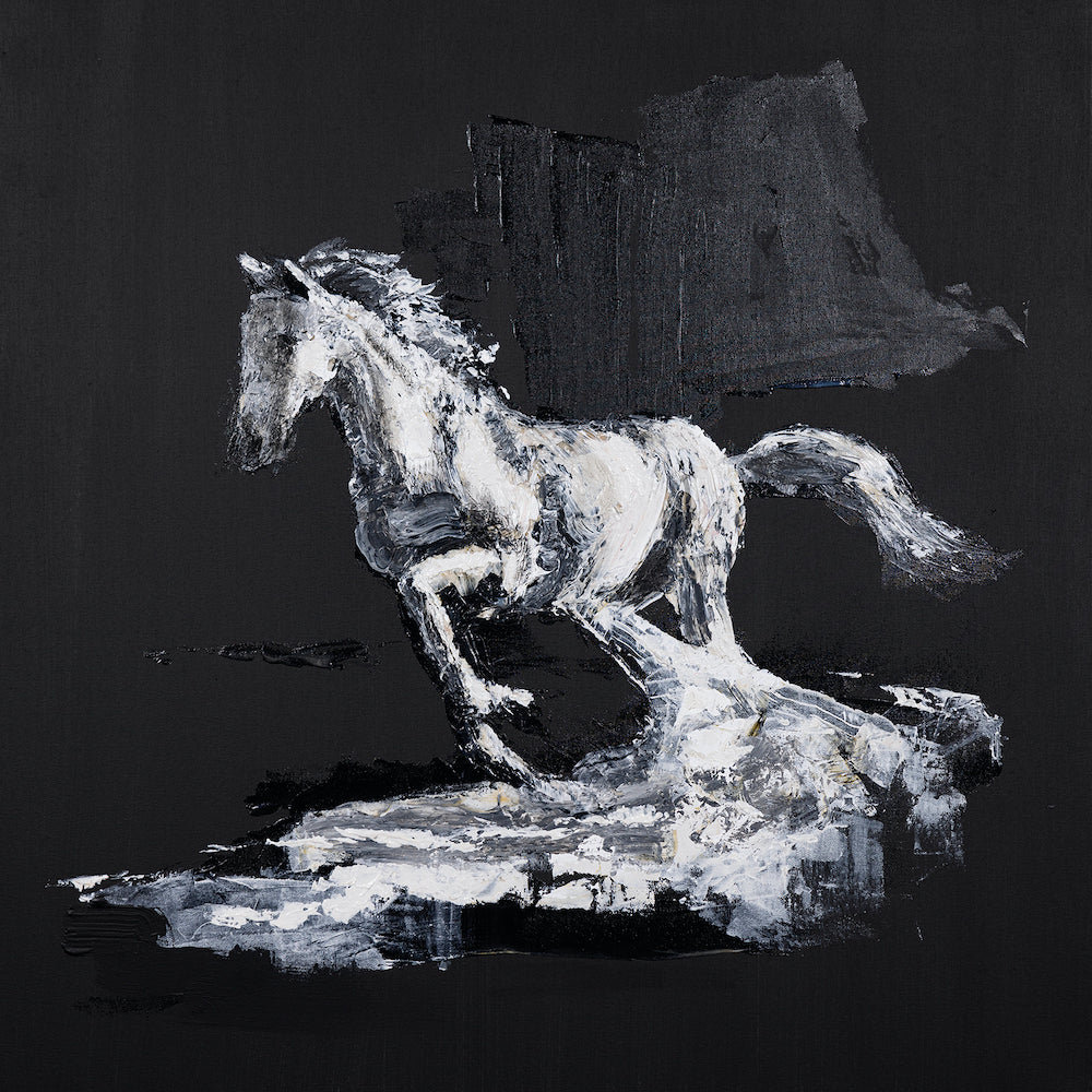 Limited edition fine art sculpture in rich white and gray tones, depicting a dynamic horse in motion with textured. - White Lightning (sculpture series)/AP/#583 - Artist Proofs, Horses & Wildlife AP, Rolled Canvas