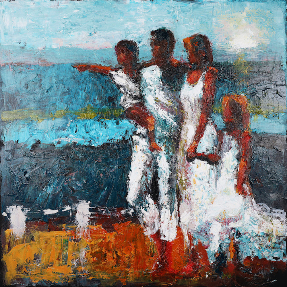 Limited edition gallery-level figurative fine art on rolled canvas featuring four textured figures in white against a rich,. - Family Affair/AP/#584 - Artist Proofs, Figurative AP, Rolled Canvas