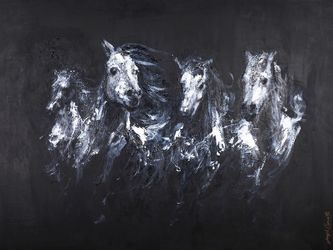 Limited fine art canvas depicting five dynamic horses in rich, textured white and gray brushstrokes on a deep black. - From the Darkness/AP/#585 - Artist Proofs, Horses & Wildlife AP, Rolled Canvas