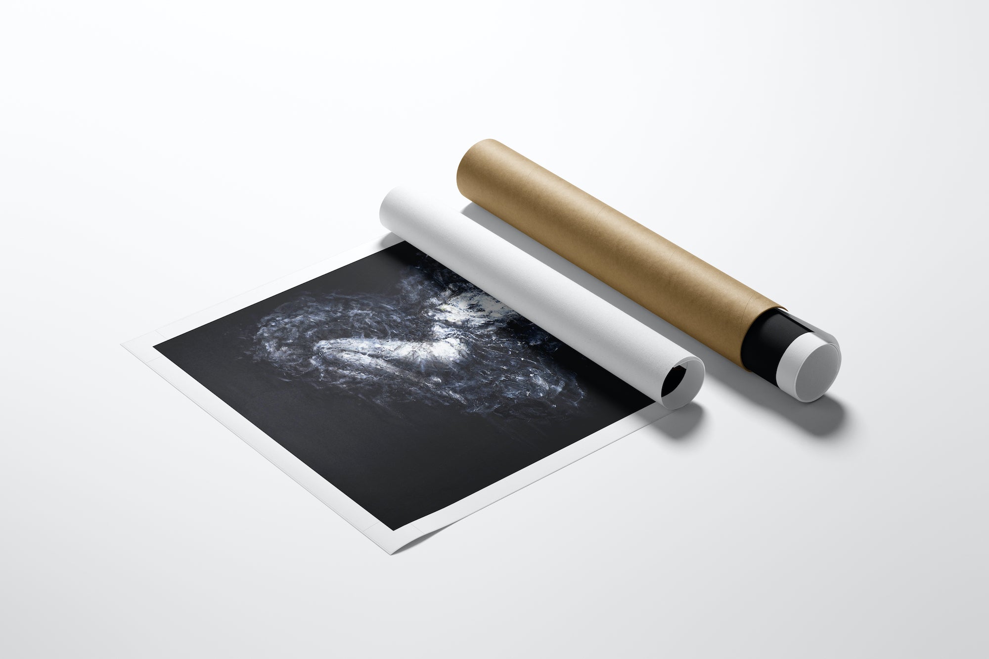 Rolled limited edition fine art print with rich monochrome figurative design on premium white canvas beside protective brown . - Wrapped in Love/AP/#586 - Artist Proofs, Figurative AP, Rolled Canvas