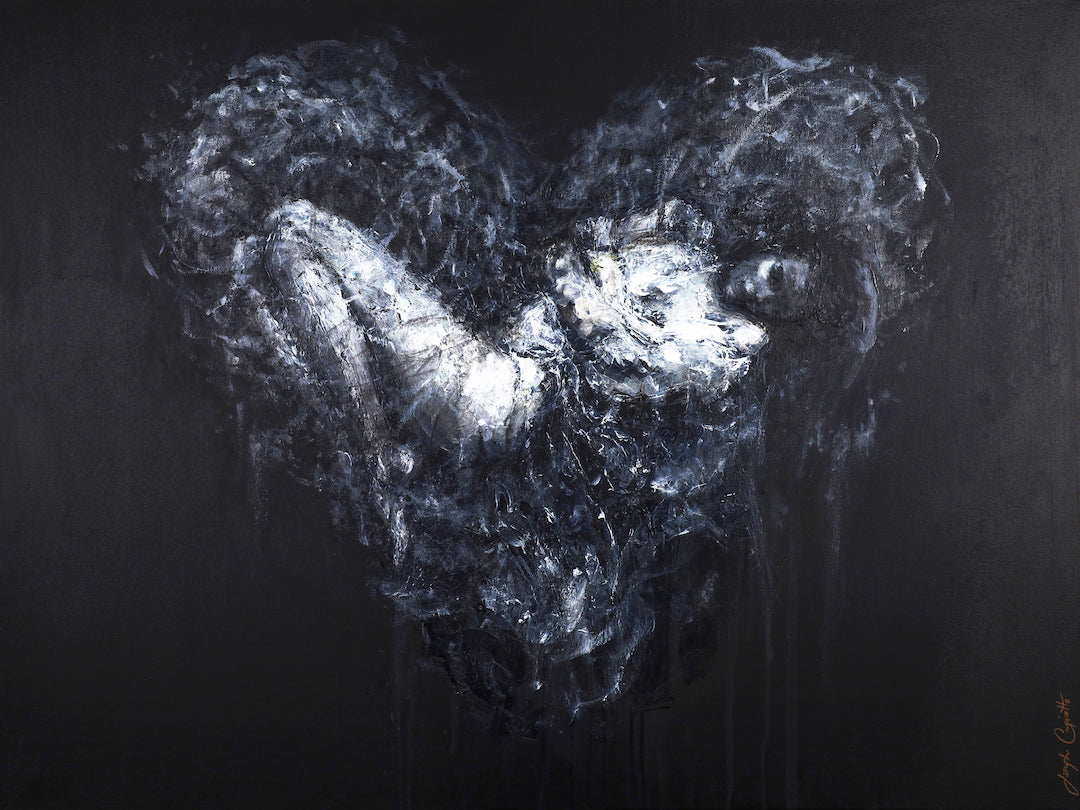 Rich, gallery-level fine art figurative painting with textured white and gray female form on deep black canvas, showcasing. - Wrapped in Love/AP/#586 - Artist Proofs, Figurative AP, Rolled Canvas