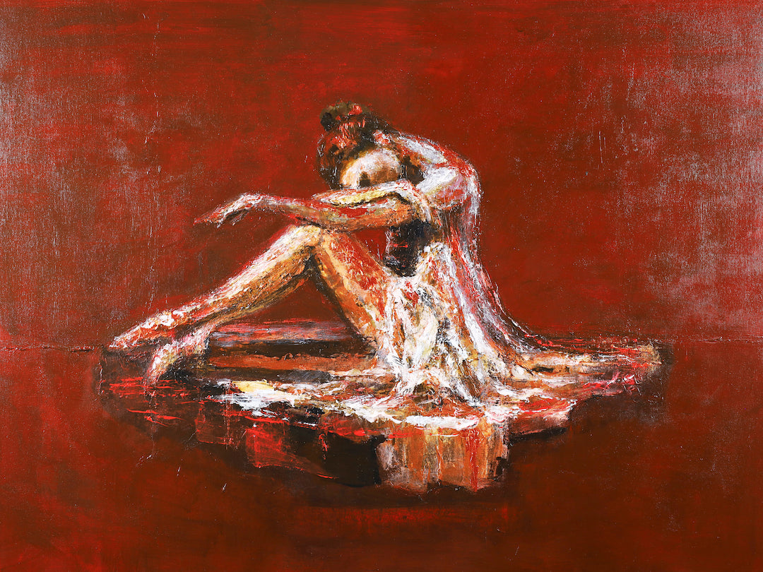 Figurative fine art canvas featuring a seated woman draped in rich gold tones against a deep red textured background,. - Draped in Gold/AP/#588 - Artist Proofs, Figurative AP, Rolled Canvas