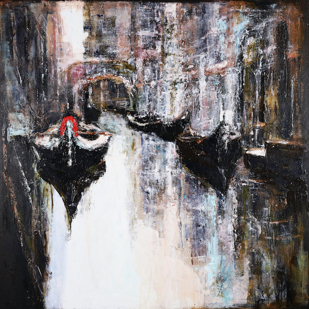 Rich, textured cityscape fine art showing gondolas on a reflective canal with layered brushstrokes and deep earthy tones. - Sidestream/AP/#589 - Artist Proofs, Cityscape AP, Rolled Canvas, Water Scenes AP