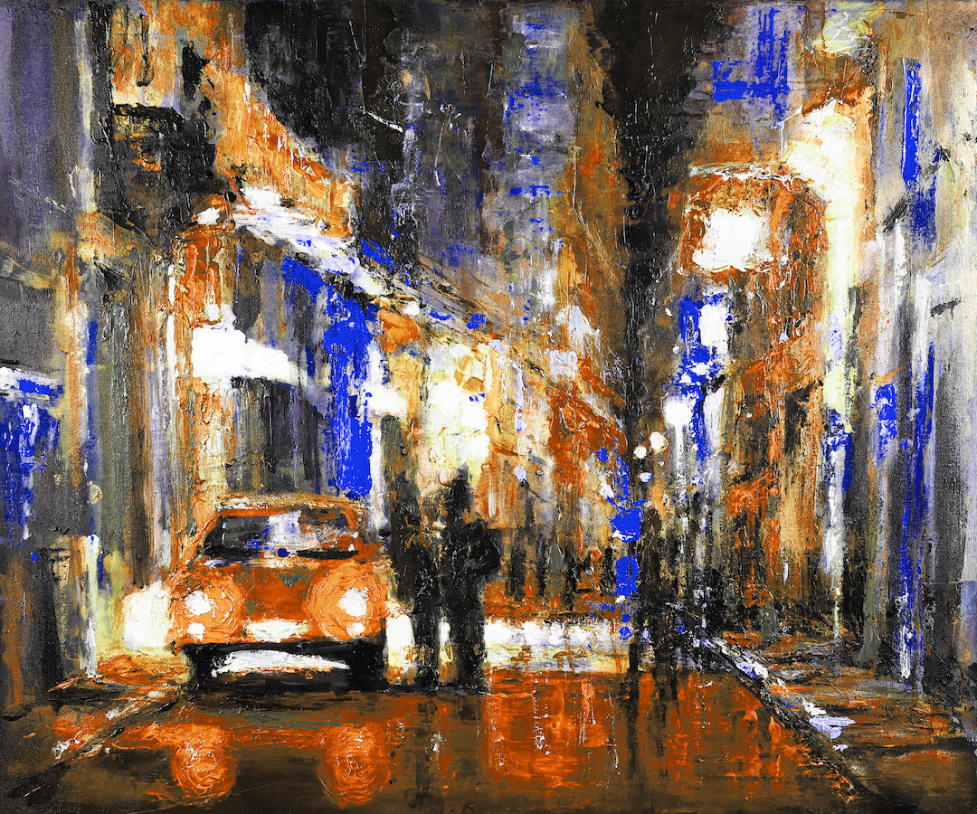 Limited fine art canvas print featuring a rich, abstract cityscape with vibrant blues and oranges, showcasing expert. - Havana Nights/#590/A - Blues, Cityscape, Color, Oranges, Prints, Subject Matter