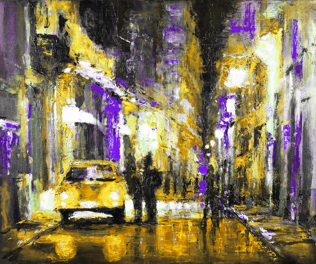 Limited edition fine art canvas showcasing a rich, gallery-level cityscape in vibrant oranges, purples, and yellows with. - Havana Nights/#590/B - Cityscape, Color, Oranges, Prints, Purples, Subject Matter, Yellows