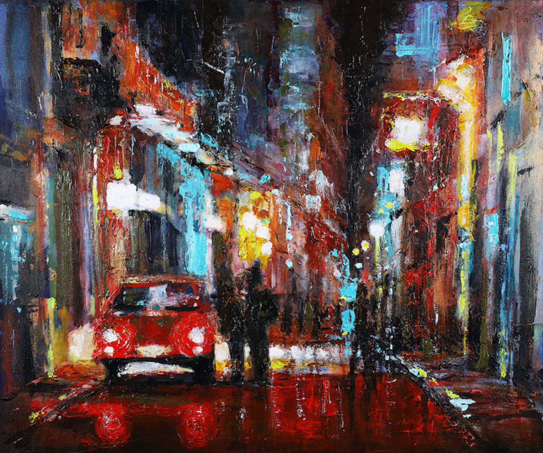 Richly textured cityscape at night with warm red and orange hues, gallery-level fine art on canvas showcasing expert. - Havana Nights/AP/#590 - Artist Proofs, Cityscape AP, Rolled Canvas