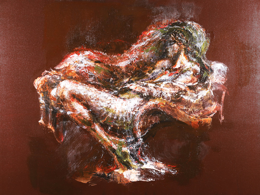 Richly textured fine art figurative painting with warm gold and deep red tones, showcasing expert craftsmanship and. - Cradled in Gold/AP/#591 - Artist Proofs, Figurative AP, Rolled Canvas