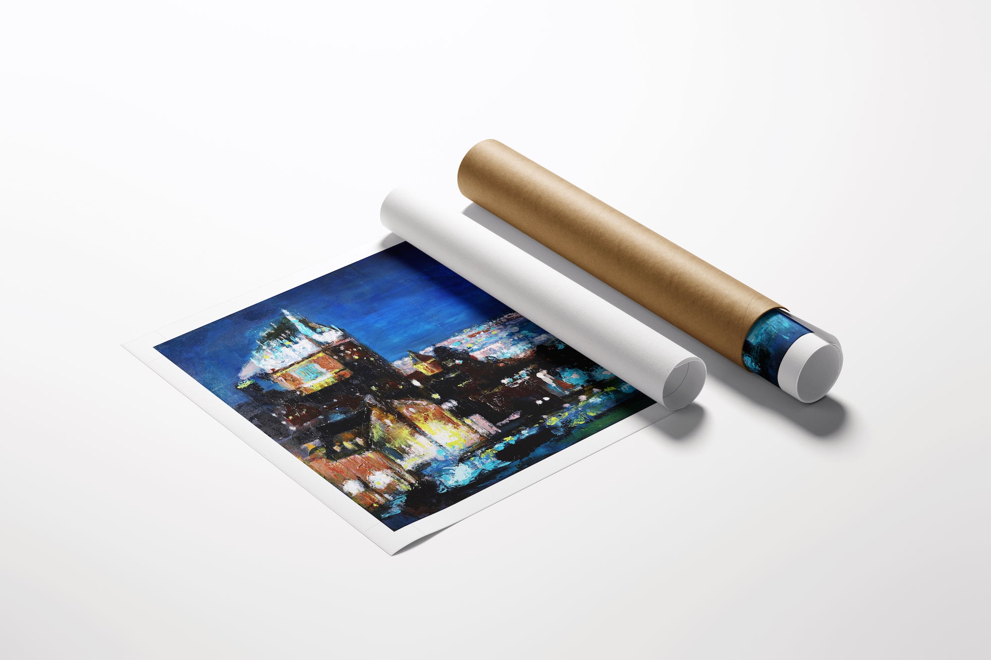 Rolled fine art canvas featuring a rich, gallery-level cityscape with detailed craftsmanship and vibrant night colors. - City by the River/AP/#592 - Artist Proofs, Cityscape AP, Rolled Canvas