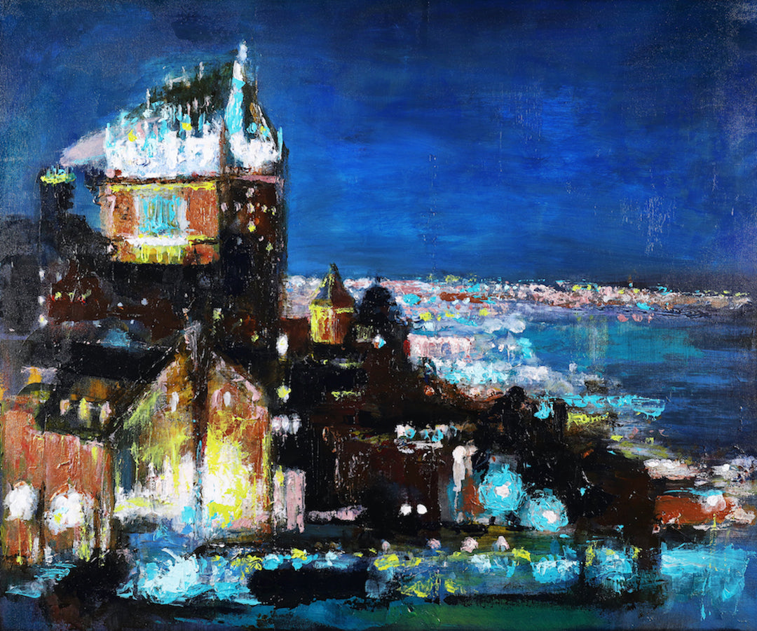 Limited fine art cityscape with rich blues and warm lights, showcasing gallery-level craftsmanship on canvas. - City by the River/AP/#592 - Artist Proofs, Cityscape AP, Rolled Canvas