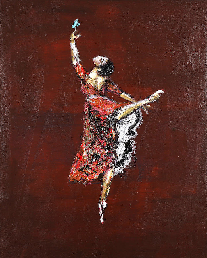 Gallery-level fine art featuring a richly textured ballerina in a vibrant red dress reaching towards a delicate blue. - Ballerina and the Butterfly/AP/#593 - Artist Proofs, Dancers AP, Figurative AP, Rolled Canvas