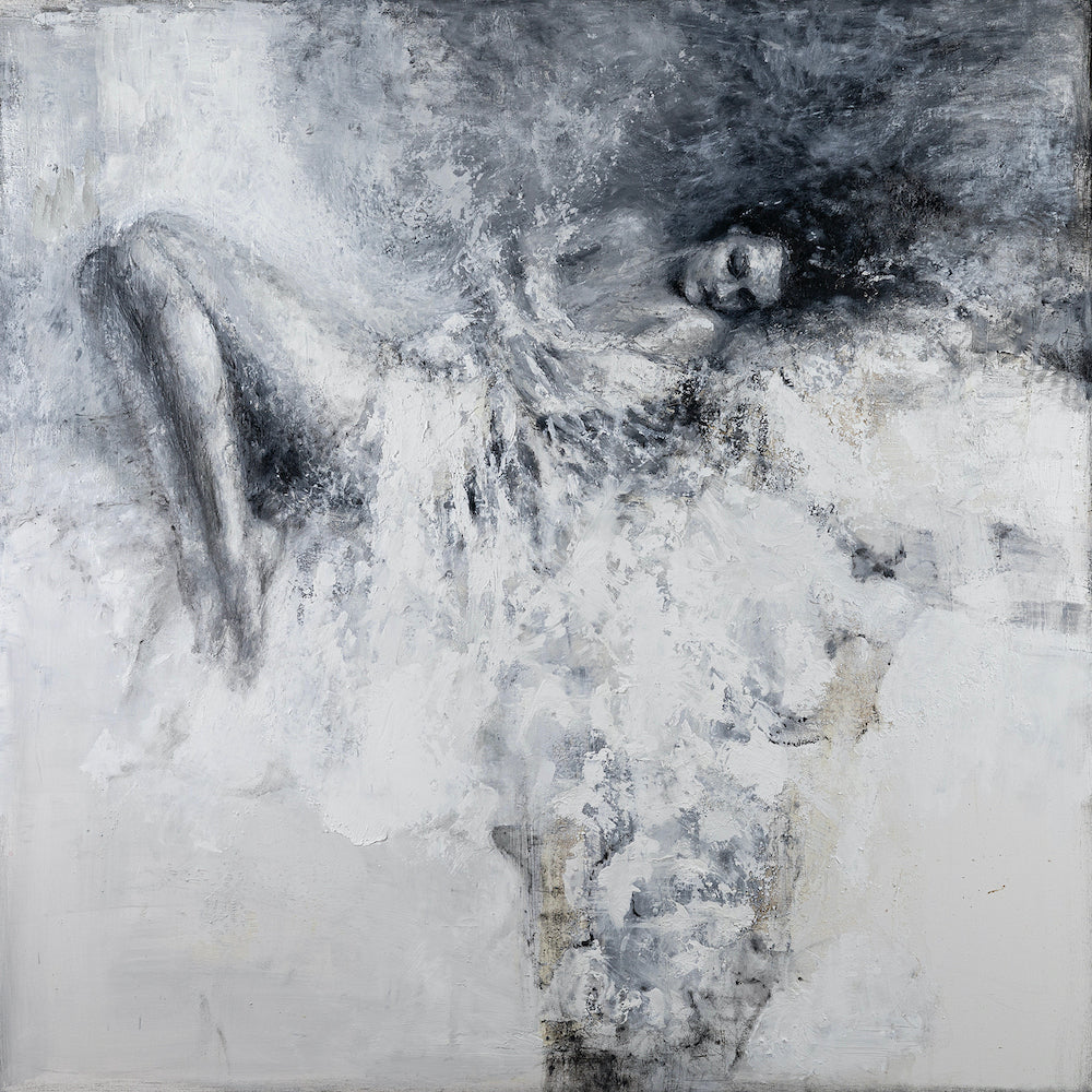 Limited fine art piece featuring a softly rendered figurative woman in grayscale tones, showcasing gallery-level. - Wings and a Dream/AP/#594 - Artist Proofs, Figurative AP, Rolled Canvas