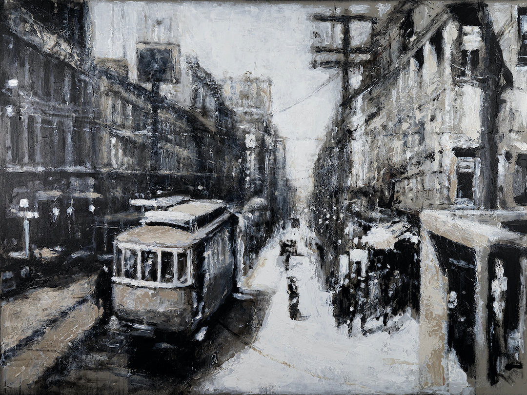Rich, gallery-level cityscape artwork depicting a vintage streetcar on a rainy urban avenue, crafted with fine artistry and. - T.O. Century Ago/AP/#596 - Artist Proofs, Cityscape AP, Rolled Canvas
