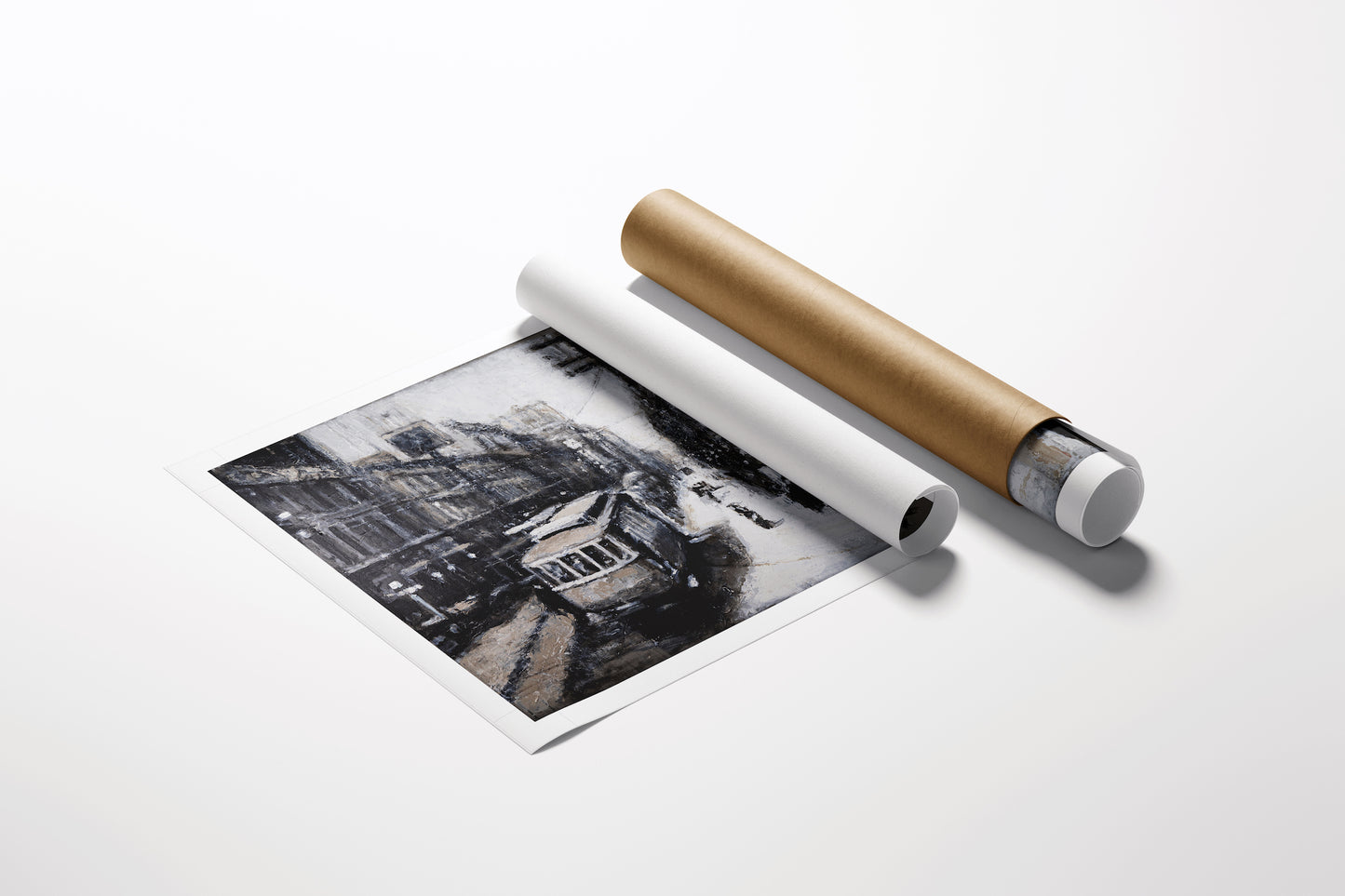 Rolled limited edition black and white cityscape fine art print on canvas beside protective kraft tube showcasing. - T.O. Century Ago/AP/#596 - Artist Proofs, Cityscape AP, Rolled Canvas