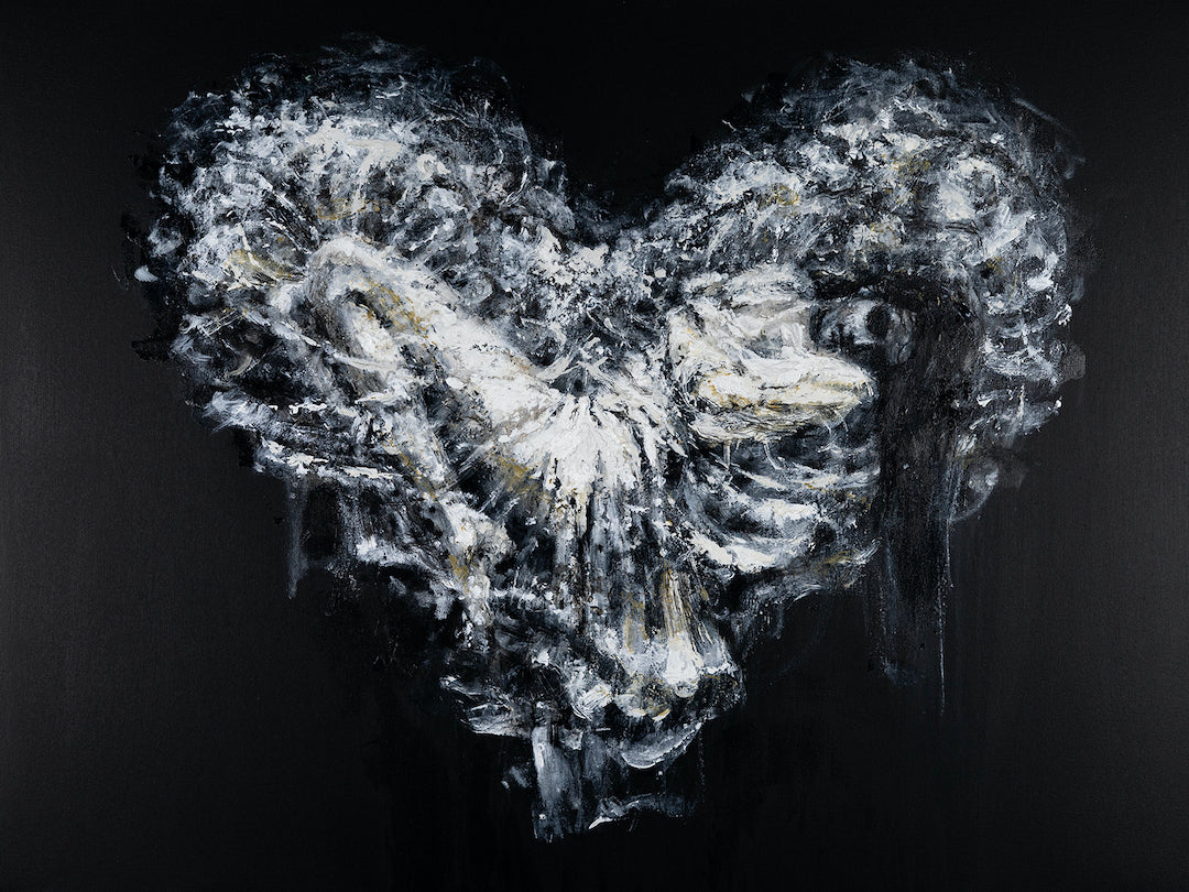 Gallery-level fine art figurative canvas featuring a rich, textured heart shape in shades of white and gray on a deep black. - Heart of Darkness 2.0/AP/#597 - Artist Proofs, Figurative AP, Rolled Canvas