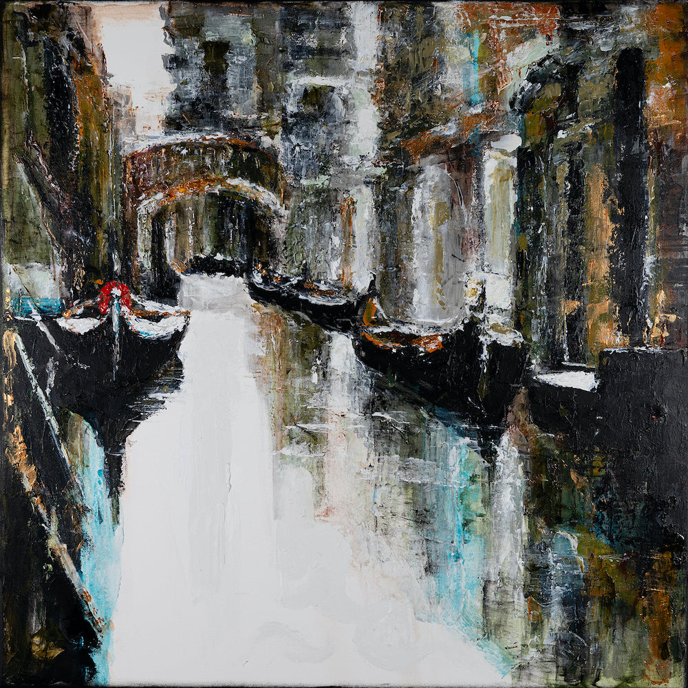 Rich, textured cityscape on canvas featuring dark gondolas along a reflective waterway beneath weathered stone arches,. - Sidestream 2.0/AP/#598 - Artist Proofs, Cityscape AP, Landscape AP, Rolled Canvas, Water Scenes AP