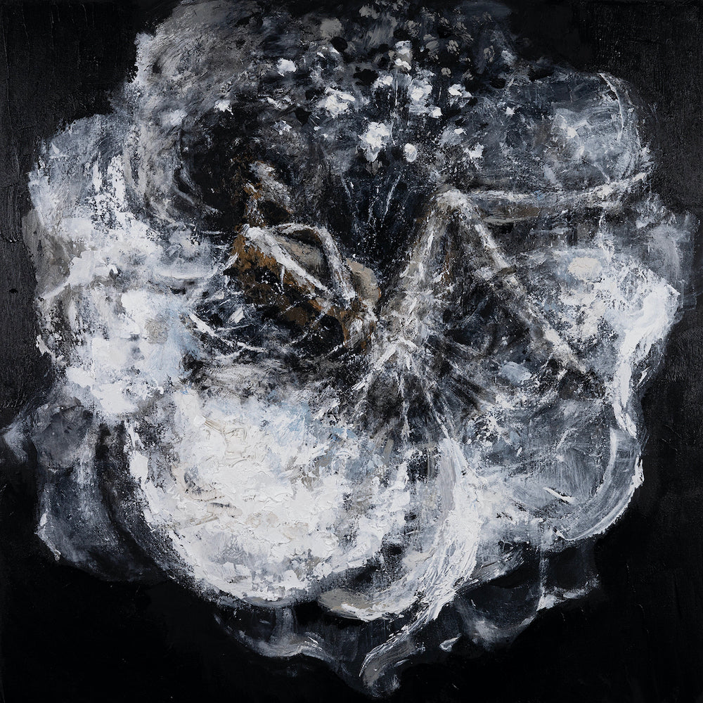 Abstract figurative painting in rich black and white tones, with dynamic brushstrokes creating textured floral and skeletal. - Dream Weaver/AP/#601 - Artist Proofs, Figurative AP, Rolled Canvas