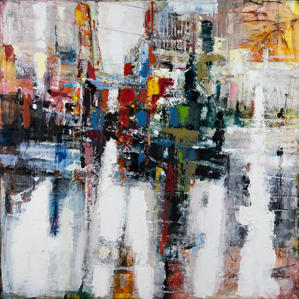 Rich abstract cityscape with layered textures in warm reds, blues, and neutral tones on gallery-level canvas. - La Strada/AP/#602 - Abstract AP, Artist Proofs, Rolled Canvas