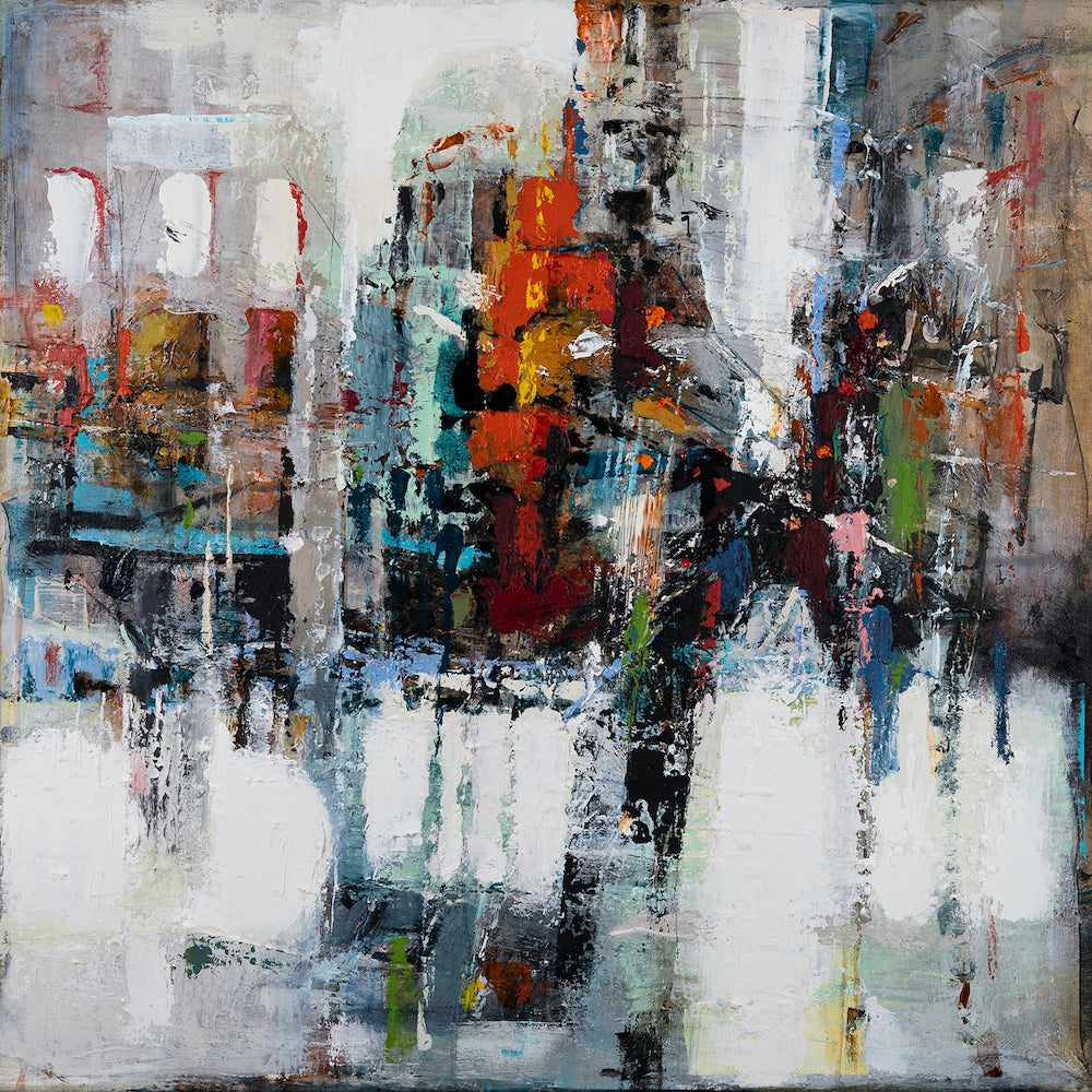 Abstract mixed-media artwork with rich layers of teal, burnt orange, white, gray, and black on textured canvas, showcasing. - La Citta/AP/#603 - Abstract AP, Artist Proofs, Rolled Canvas
