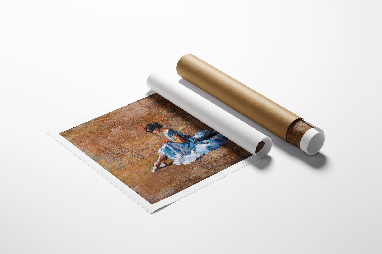 Rolled canvas fine art print featuring a rich, detailed ballerina figure in blue against a textured brown background,. - Ballerina Blues/AP/#606 - Artist Proofs, Figurative AP, Rolled Canvas