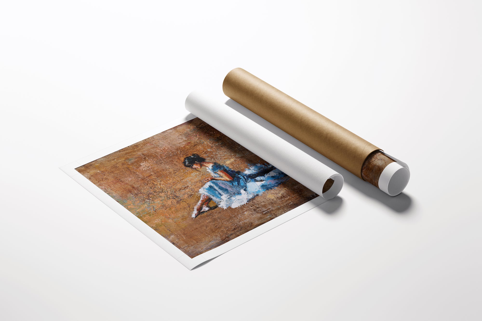 Rolled canvas fine art print featuring a rich, detailed ballerina figure in blue against a textured brown background,. - Ballerina Blues/AP/#606 - Artist Proofs, Figurative AP, Rolled Canvas