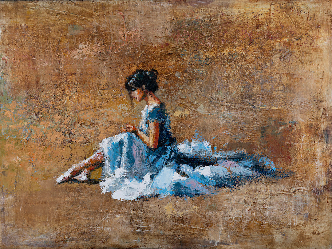 Limited fine art painting of a ballerina in a soft blue tutu seated against a rich textured brown background, showcasing. - Ballerina Blues/AP/#606 - Artist Proofs, Figurative AP, Rolled Canvas