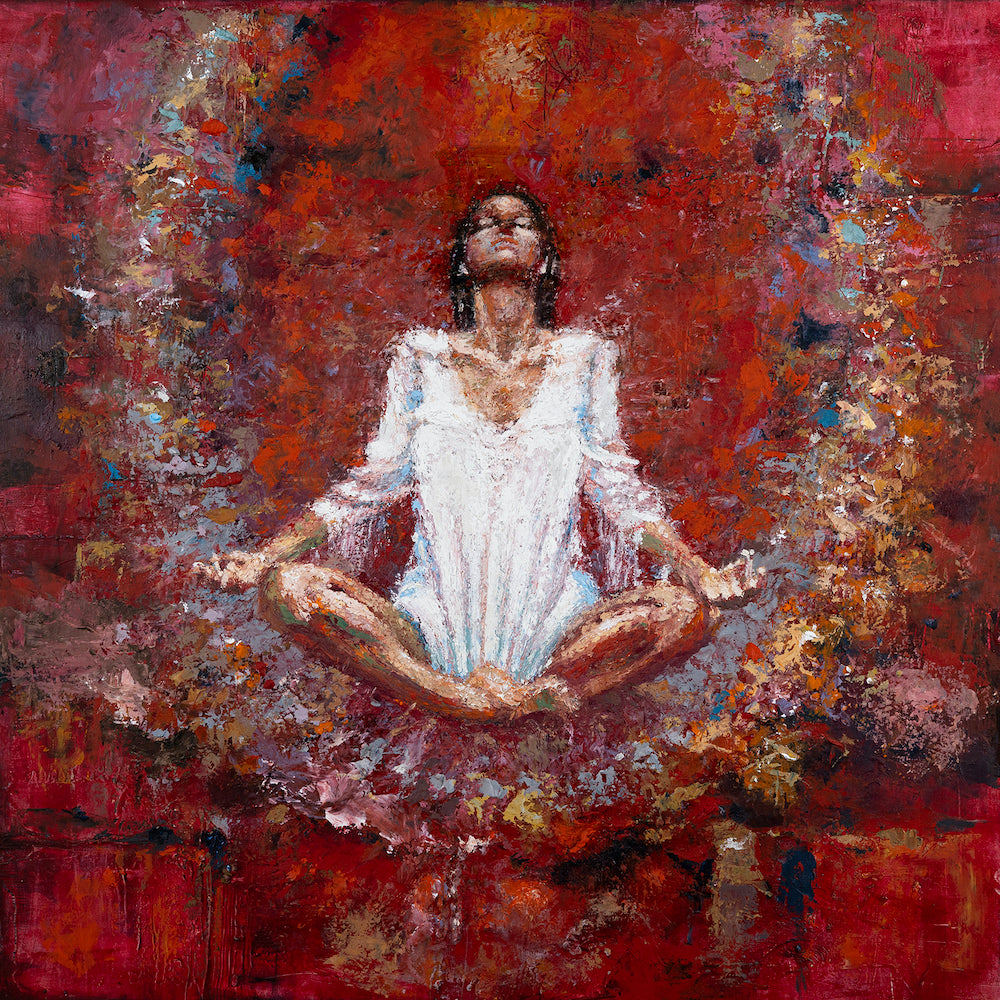 Richly textured fine art canvas featuring a figurative woman in white seated cross-legged, surrounded by warm red and brown. - Realm/AP/#607 - Artist Proofs, Figurative AP, Rolled Canvas