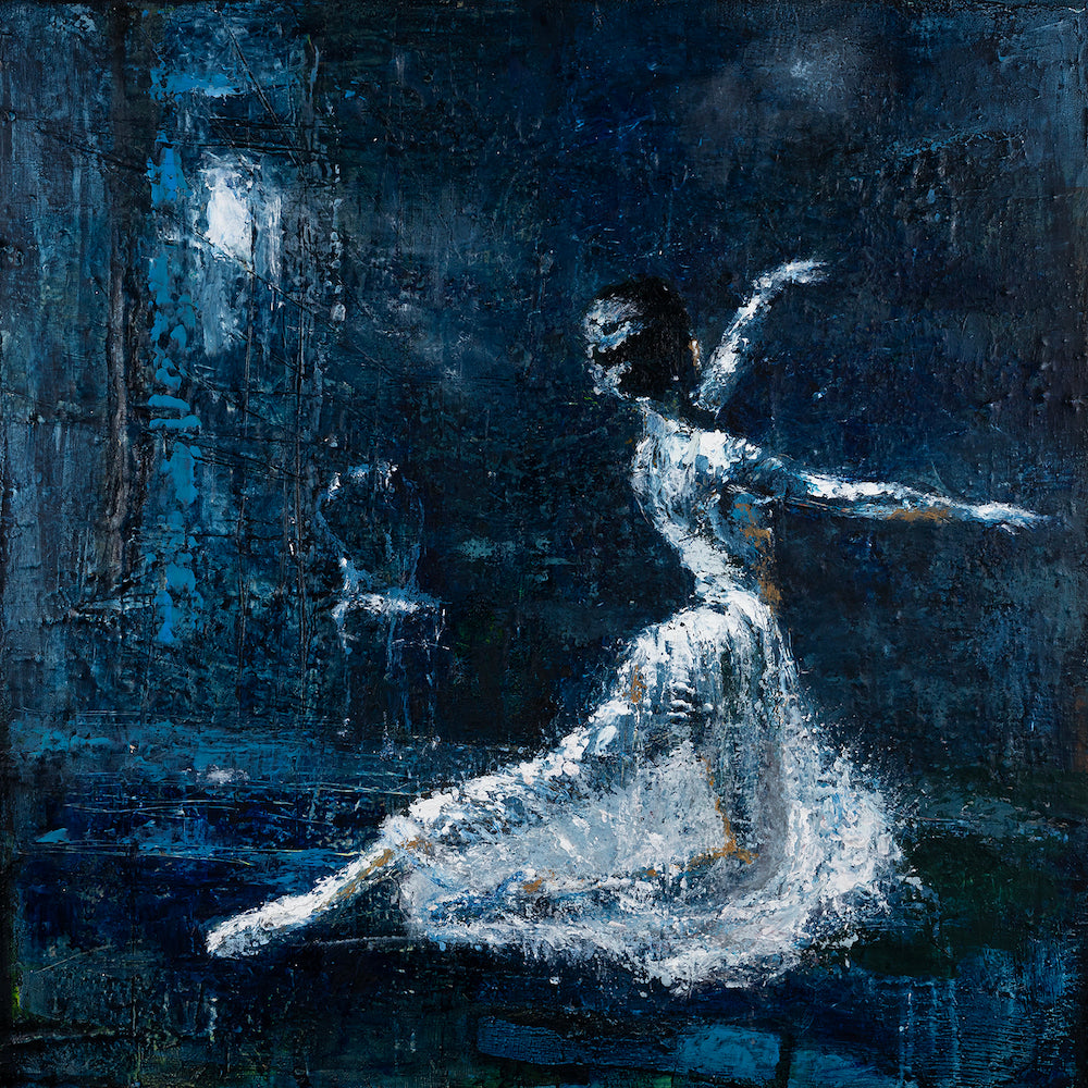 Richly textured fine art painting of a graceful female dancer in white tutu poised on one leg against a dark blue, moody. - Cantina Dancer/AP/#608 - Artist Proofs, Dancers AP, Figurative AP, Rolled Canvas