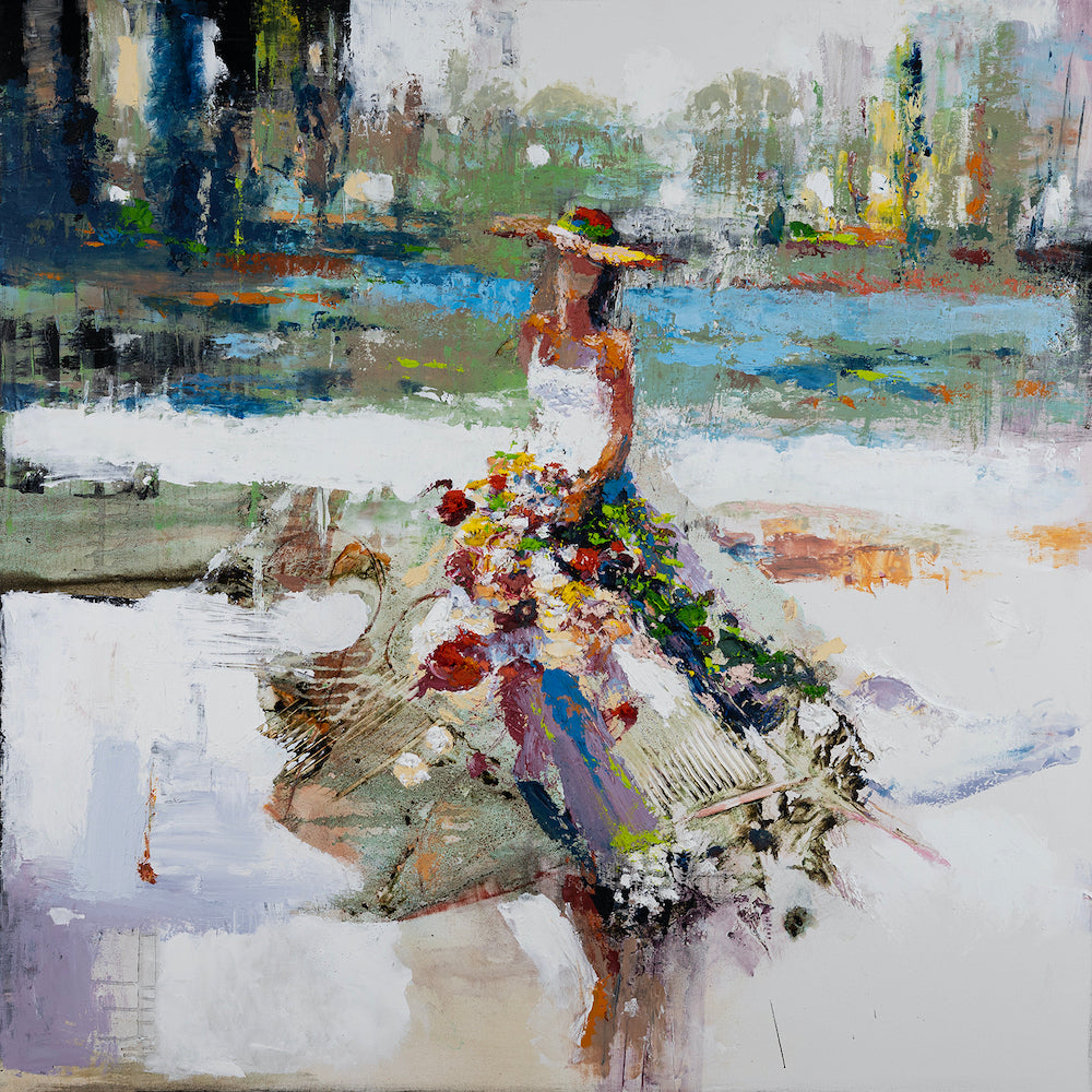Gallery-level fine art canvas depicting a woman in a white dress and sunhat among vibrant flowers by a serene garden pond,. - Souvenirs from Monet's Garden/AP/#609 - Artist Proofs, Figurative AP, Rolled Canvas