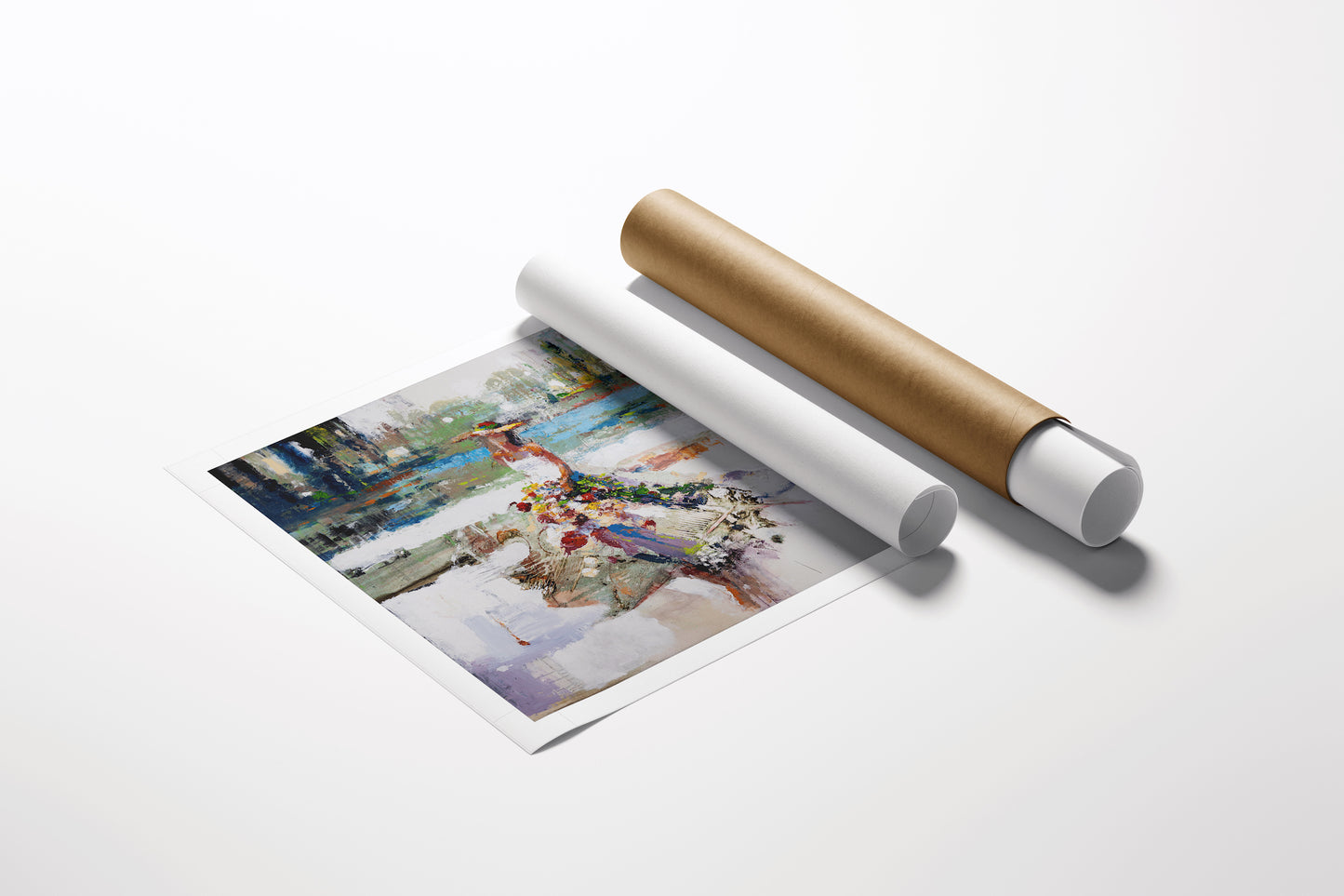 Rich, gallery-level fine art print from Monet's Garden with delicate floral and figures, rolled canvas packaging showing. - Souvenirs from Monet's Garden/AP/#609 - Artist Proofs, Figurative AP, Rolled Canvas