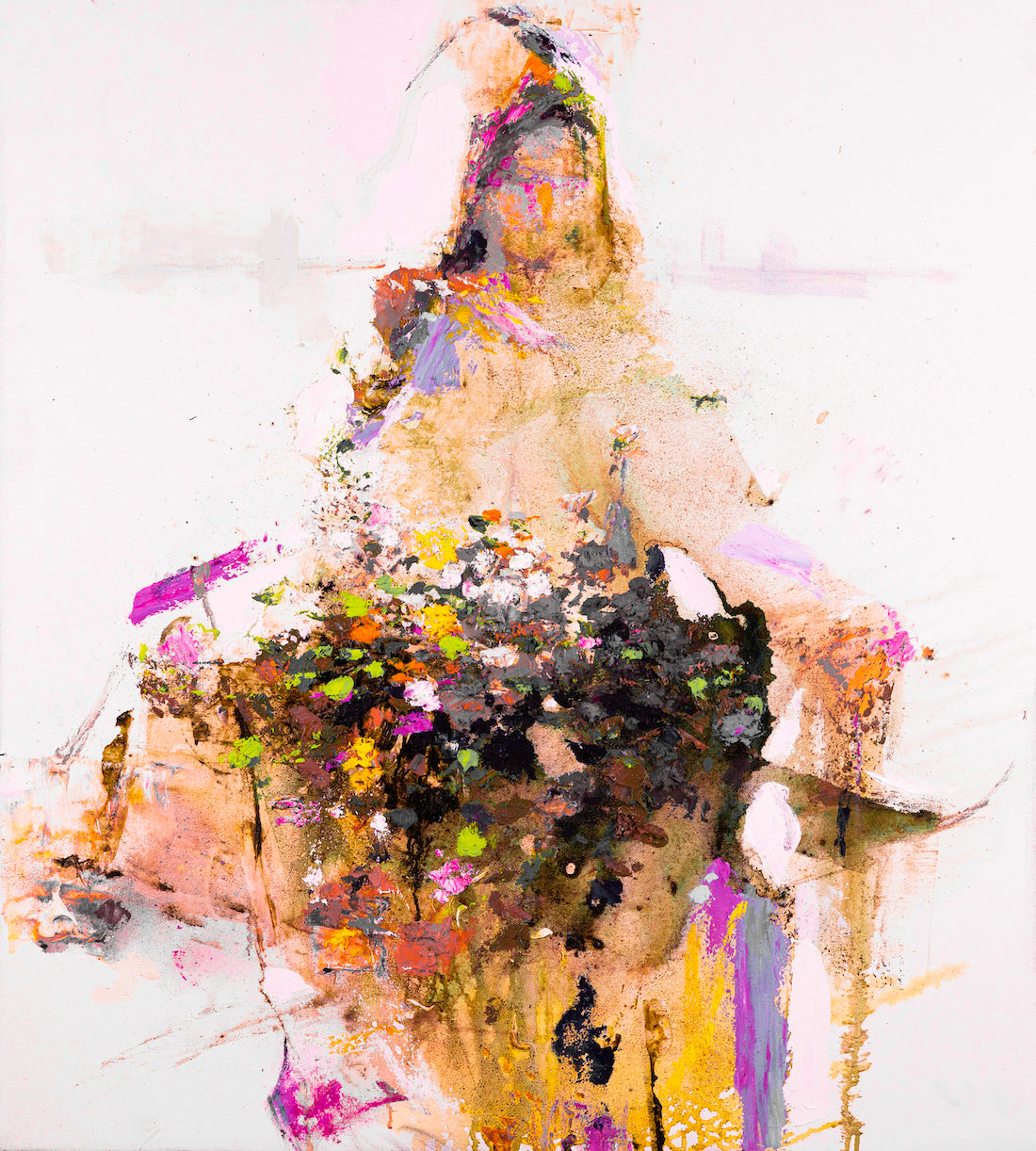 Abstract floral figurative painting with rich purples, oranges, and delicate brushwork on canvas, showcasing fine art. - Flower Vendor/#610/A - Color, Figurative, Floral, Oranges, Prints, Purples, Subject Matter