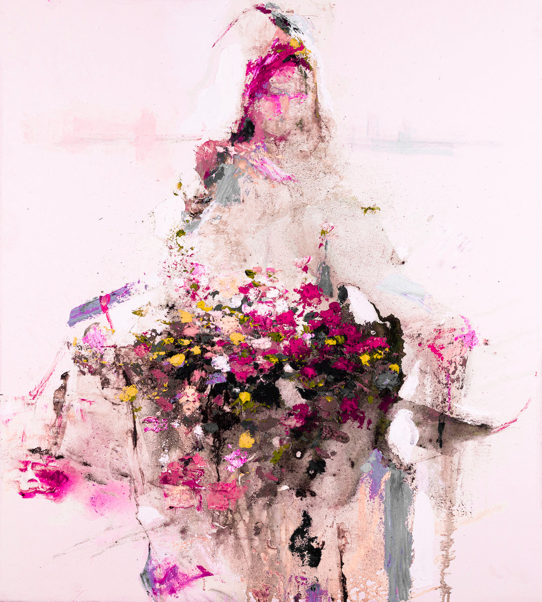 Gallery-level fine art canvas depicting a figurative floral scene in rich purples and pinks with delicate brushwork and. - Flower Vendor/#610/B - Color, Figurative, Floral, Prints, Purples, Subject Matter