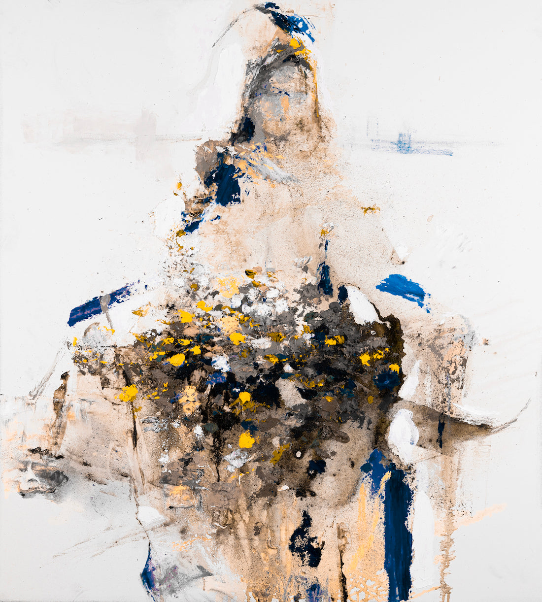 Limited fine art canvas print featuring a rich floral figurative composition in blues, oranges, and earthy tones, showcasing . - Flower Vendor/#610/C - Blues, Color, Figurative, Floral, Oranges, Prints, Subject Matter