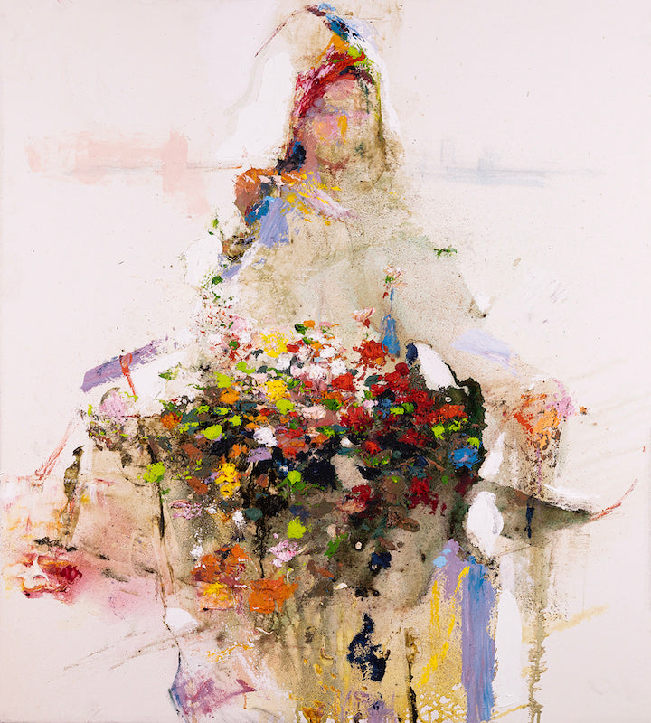 Abstract figurative fine art of a flower vendor with a vibrant bouquet in loose brushstrokes on rolled canvas, showcasing. - Flower Vendor/AP/#610 - Artist Proofs, Figurative AP, Floral AP, Rolled Canvas