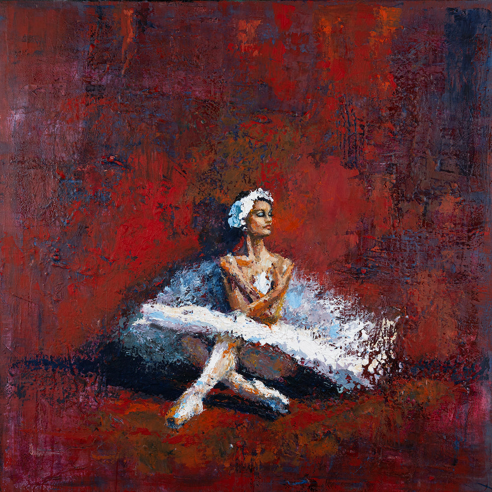 Gallery-level fine art portrait of a ballerina in a white tutu seated against a richly textured deep red background,. - Aria in Red/AP/#611 - Artist Proofs, Dancers AP, Figurative AP, Rolled Canvas