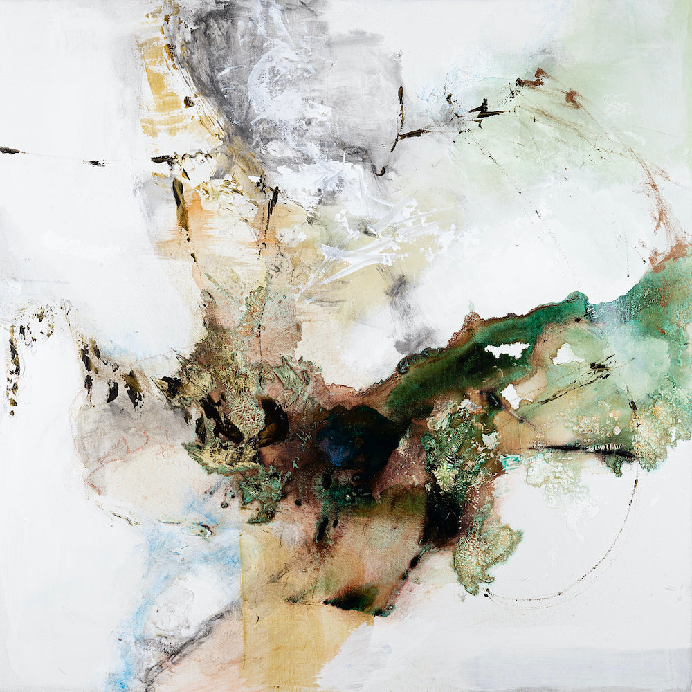 Limited edition fine art canvas featuring rich abstract forms in earthy browns, greens, and soft grays with dynamic. - Inner Energy 2/AP/#613 - Abstract AP, Artist Proofs, Rolled Canvas