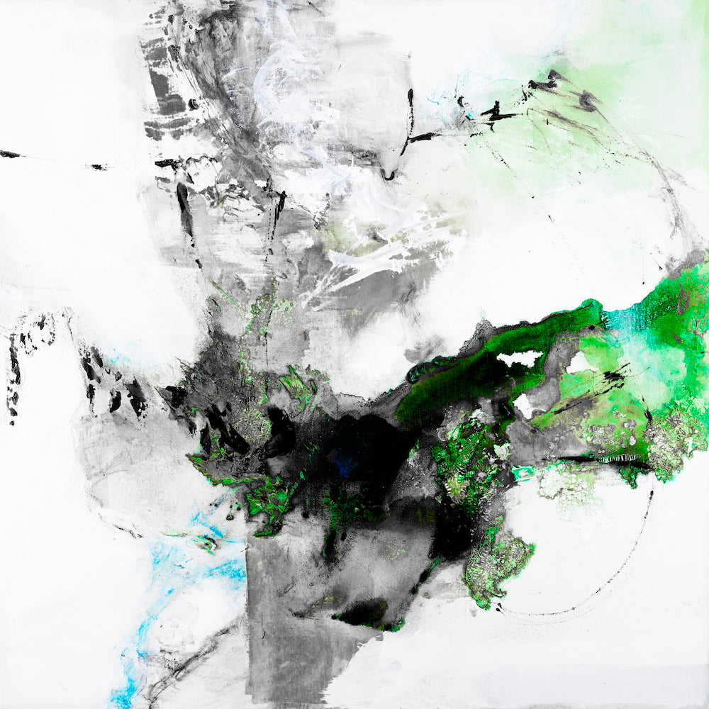 Limited edition fine art abstract canvas featuring rich greens and blacks with dynamic brushstrokes and textures, showcasing . - Inner Energy 2/#613/B - Abstract, Color, Greens, Prints, Subject Matter
