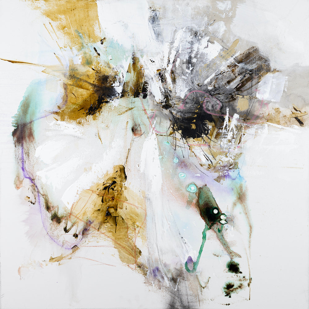 Limited edition fine art abstract painting with rich gold, black, and soft teal brushstrokes on white gallery-level rolled. - Inner Energy 3/AP/#614 - Abstract AP, Artist Proofs, Rolled Canvas