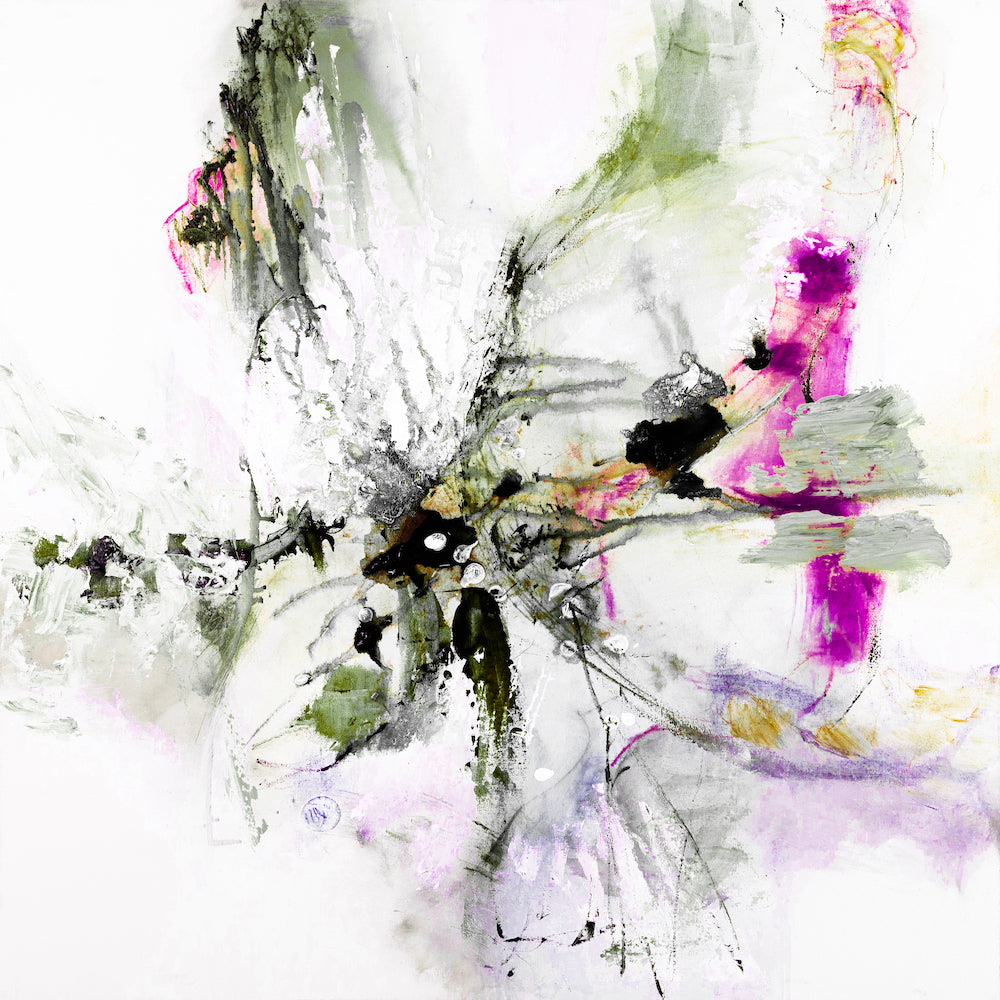 Abstract fine art print with rich purples and greens, showcasing dynamic brushstrokes and intricate craftsmanship on canvas. - Inner Energy 4/#615/A - Abstract, Color, Greens, Prints, Purples, Subject Matter