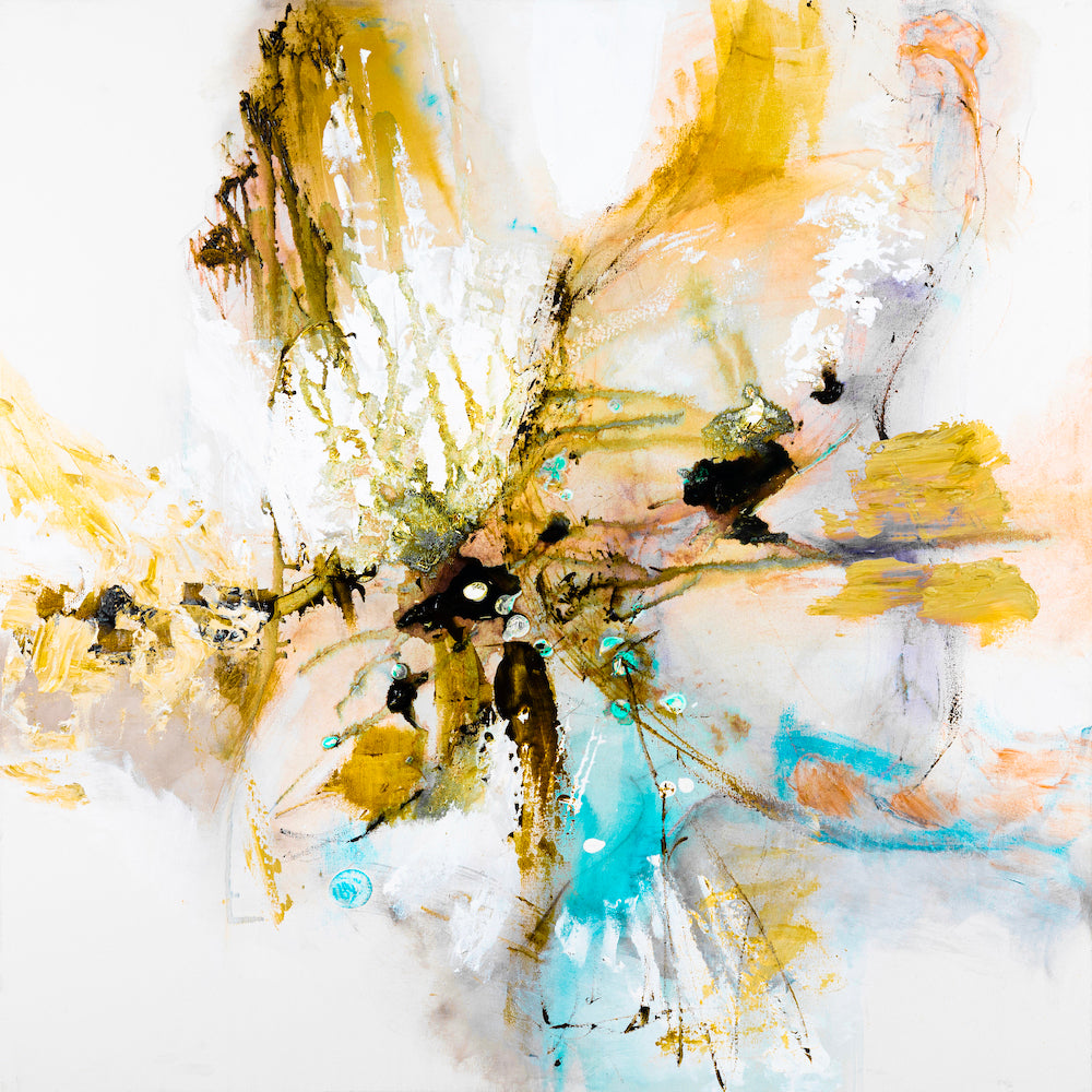 Abstract fine art canvas with rich strokes of golden yellow, teal blue, and burnt orange, showcasing dynamic splashes and. - Inner Energy 4/#615/B - Abstract, Blues, Color, Oranges, Prints, Subject Matter
