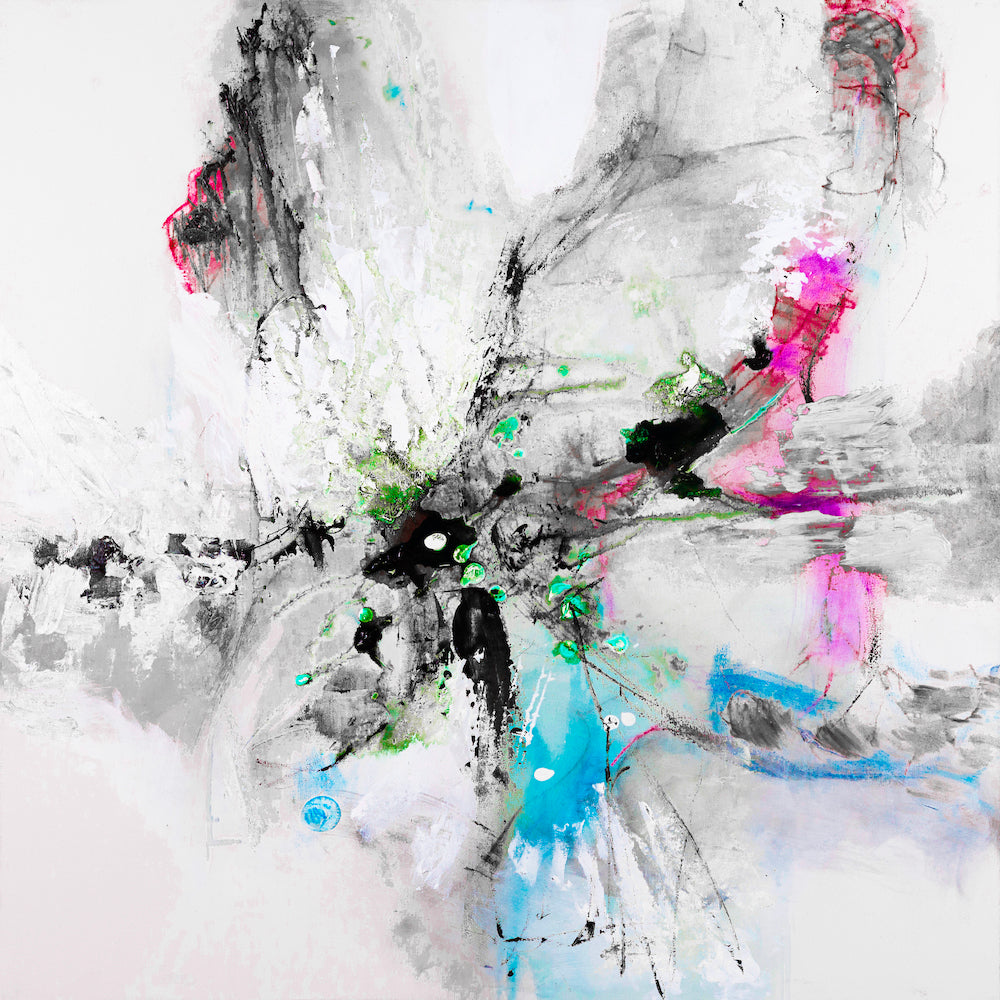 Abstract fine art print featuring dynamic brush strokes and intricate splatters in blues, purples, black, and bright pink on . - Inner Energy 4/#615/C - Abstract, Blues, Color, Prints, Purples, Subject Matter