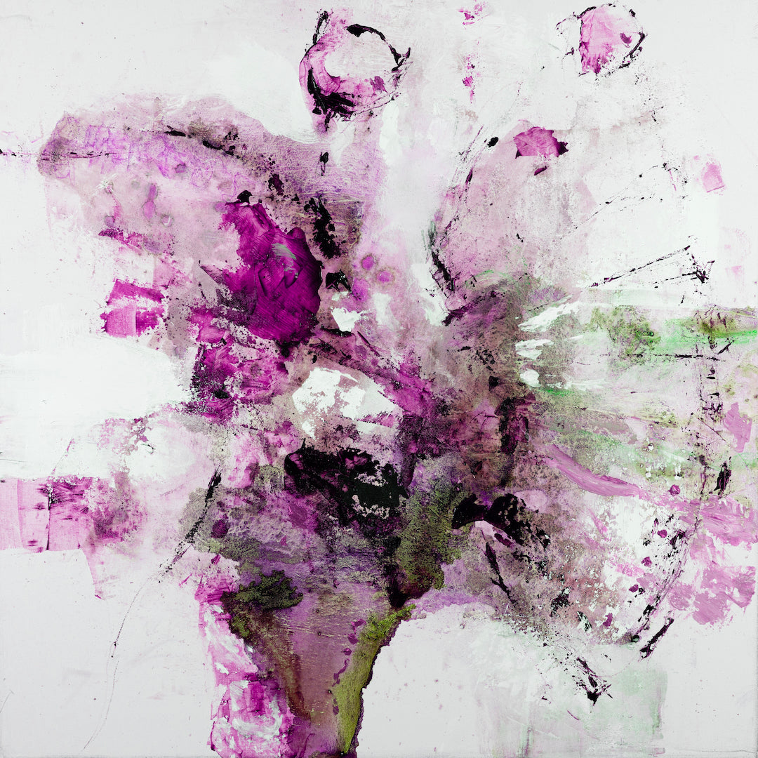 Rich purple and green abstract floral print with textured brushwork on white canvas, gallery-level fine art quality. - Inner Energy 5/#616/B - Abstract, Color, Prints, Purples, Subject Matter