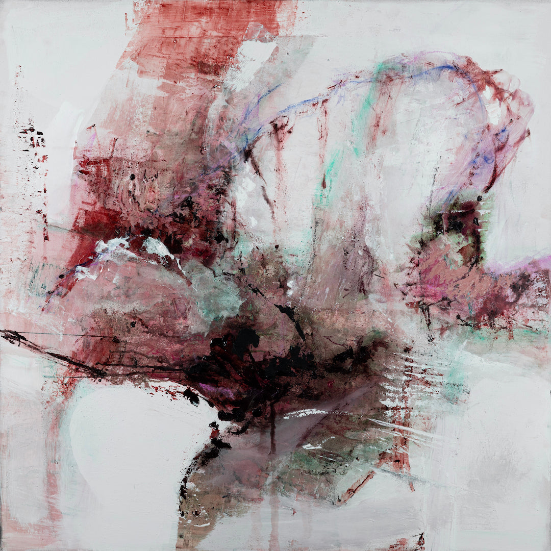 Abstract fine art canvas print featuring rich reds and subtle teal accents with dynamic brushstrokes and layered textures,. - Inner Energy 6/#617/B - Abstract, Color, Prints, Reds, Subject Matter