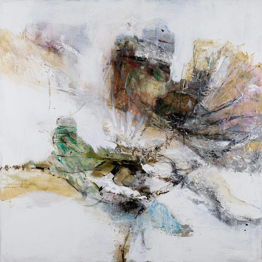 Abstract fine art with rich earth tones and muted blues, featuring dynamic brushstrokes and layered textures on. - Inner Energy 7/AP/#618 - Abstract AP, Artist Proofs, Rolled Canvas