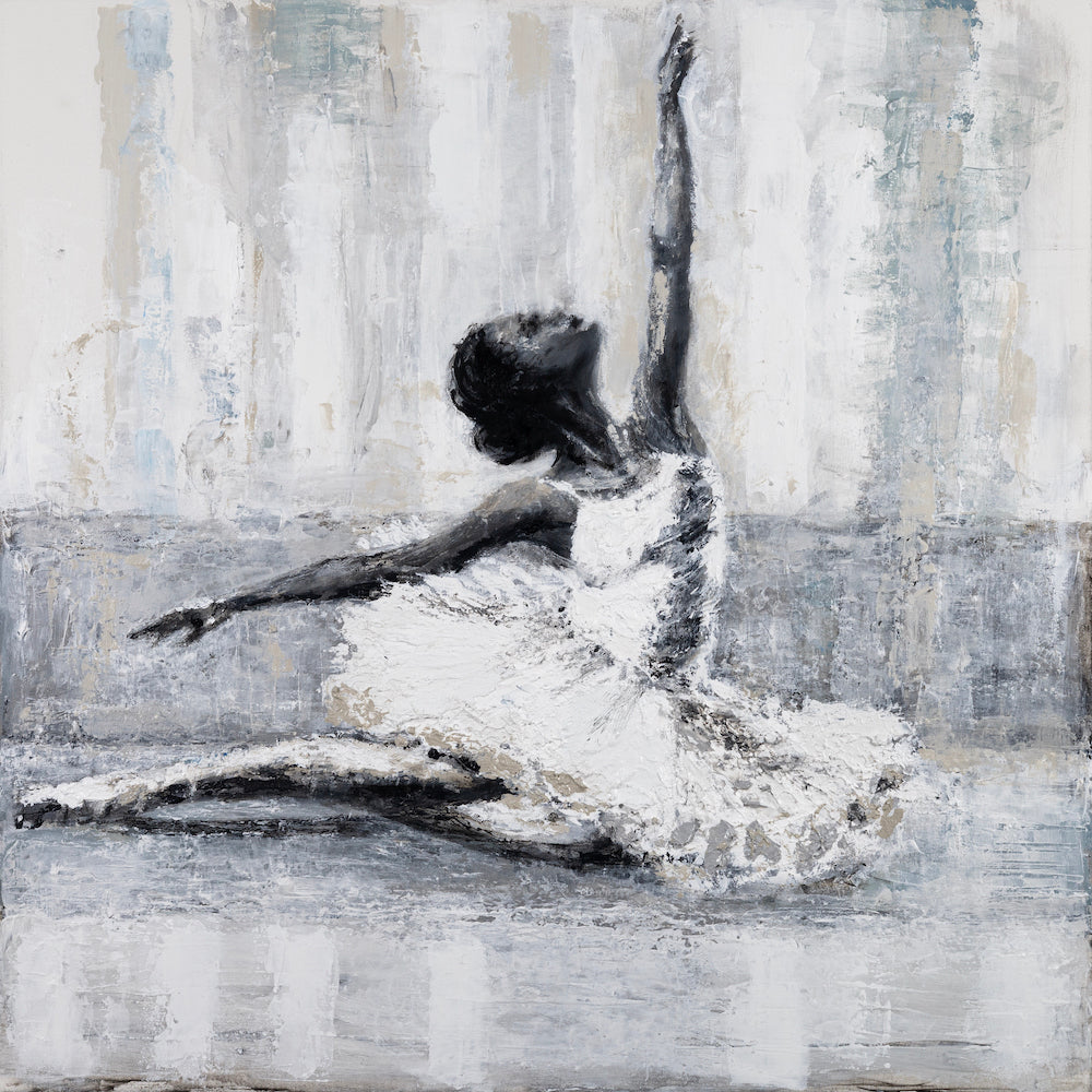 Gallery-level fine art painting of a ballerina in a white tutu seated gracefully with one arm extended upward, rendered in. - Ballerina Finale/AP/#619 - Artist Proofs, Dancers AP, Figurative AP, Rolled Canvas