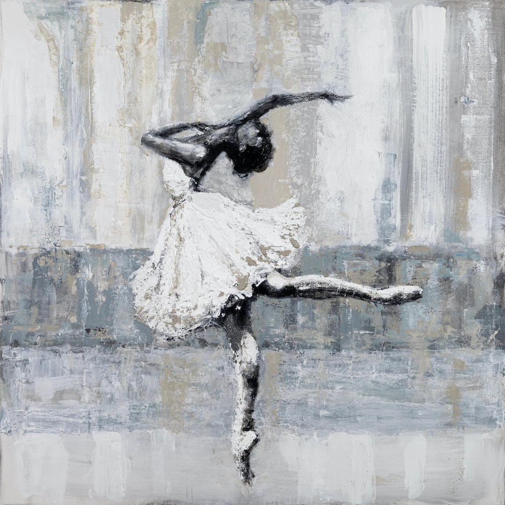 Gallery-level fine art painting of a ballerina in grayscale with textured white dress, showcasing rich craftsmanship and. - Ballerina Grace/AP/#620 - Artist Proofs, Dancers AP, Figurative AP, Rolled Canvas